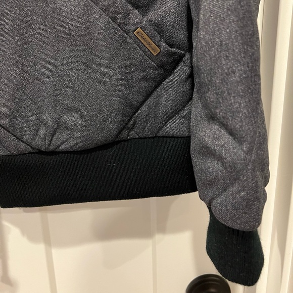 NWOT Eddie Bauer Charcoal Quilted Down Fabric Bomber Jacket - Picture 11 of 14